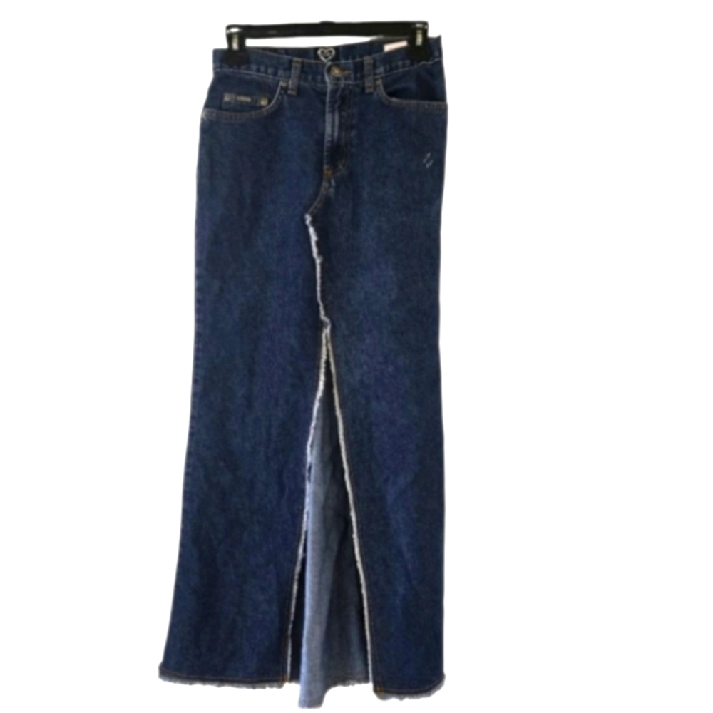 Vintage Y2K XOXO Maxi Skirt 26 Denim Split Front Cutout Dark Wash Cotton 90s